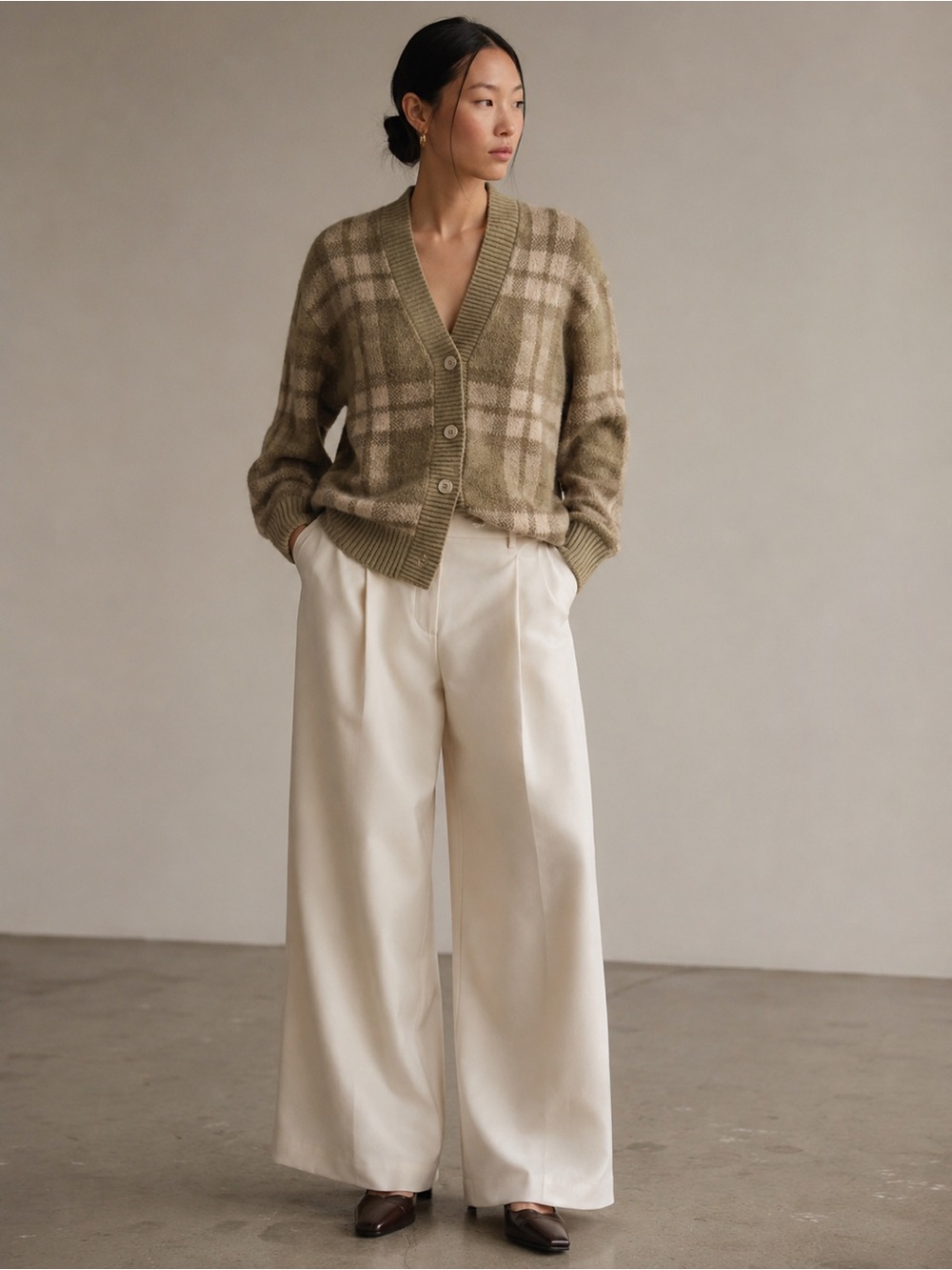 OAK + FORT Plaid Knit Cardigan Size Small Neutral Beige Taupe